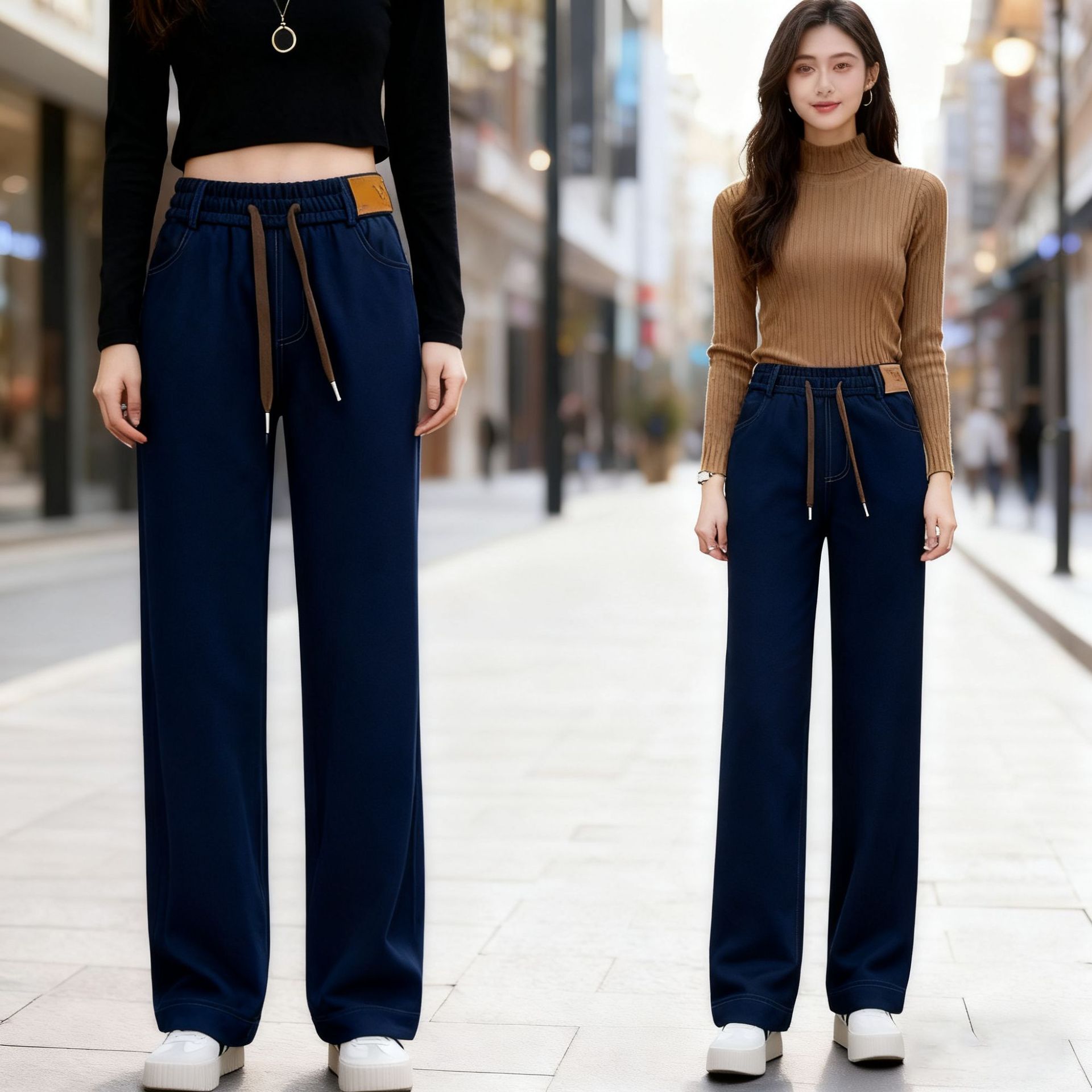 New Fleece-Lined High-Waist Straight-Leg Denim Wide-Leg Pants