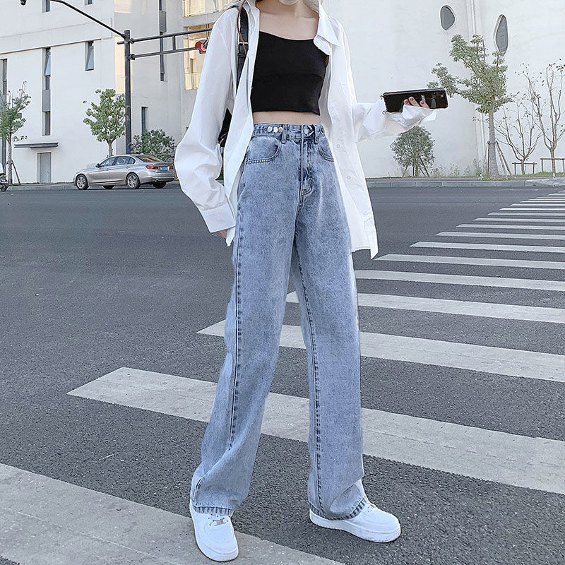 Light Blue Womens Straight-leg Loose-fitting Jeans