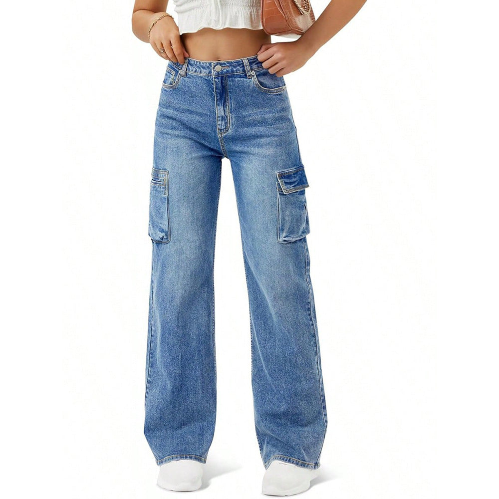 Womens Casual Loose Fit Denim Jeans With A Large Flap Pocket