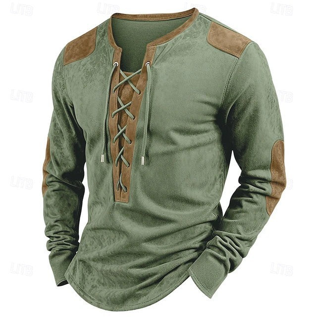 Stitching Henry Long Sleeve Drawstring Men's T-shirt