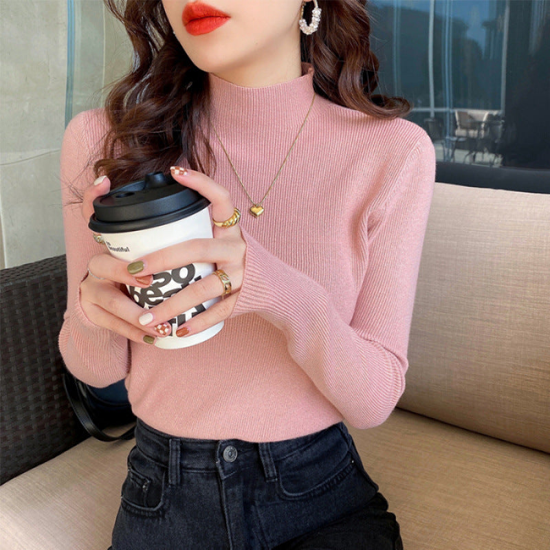 White Stand Collar Half Turtleneck Long-sleeve Knitted Undershirt