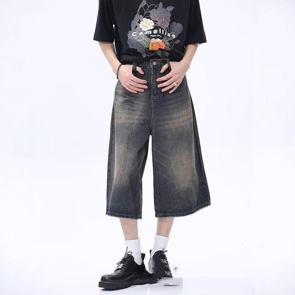 Distressed Straight-leg Denim Middle Pants Men