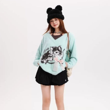 Polyester Women's Cute Cat Hair Fake Two Pieces Collar Sweater