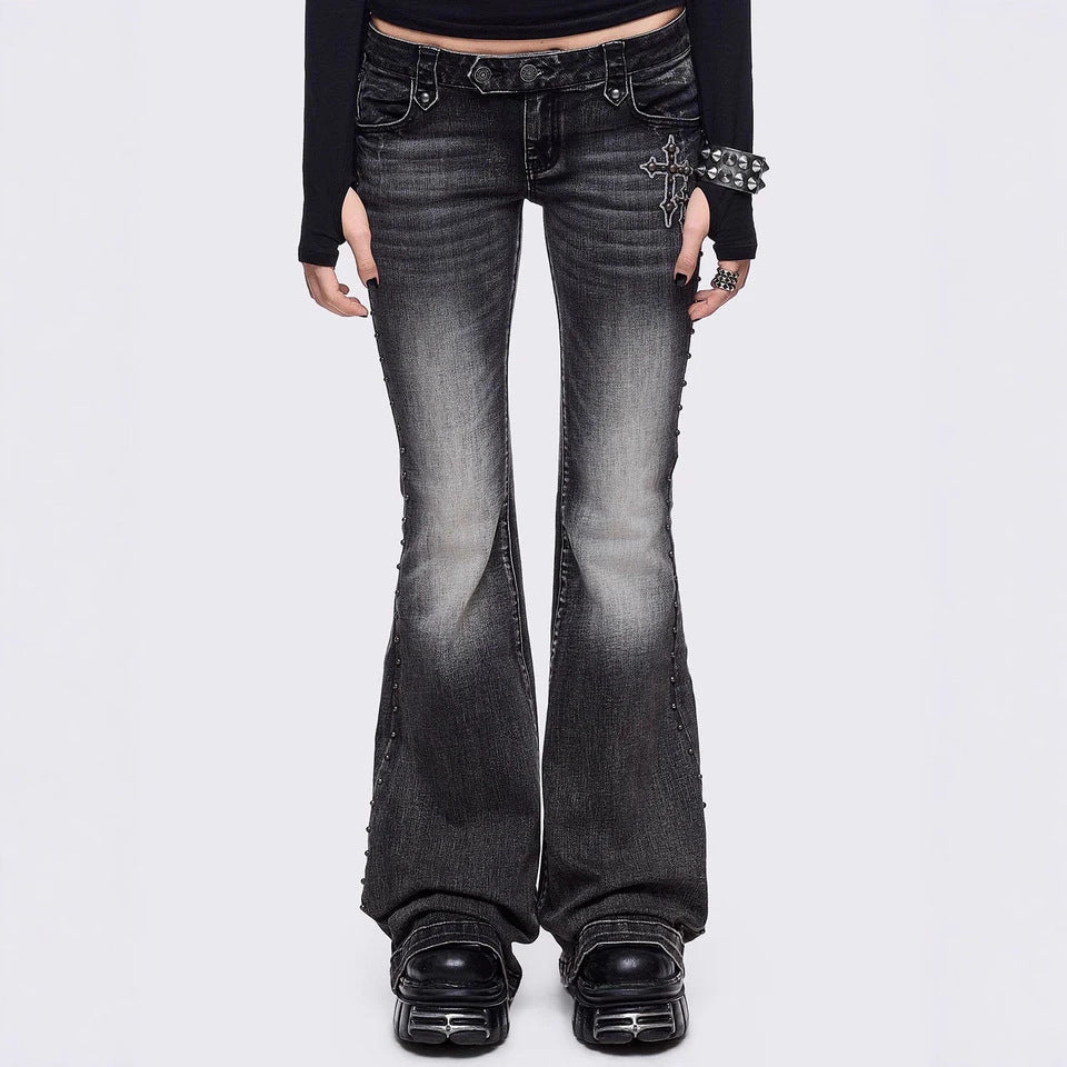 Womens Retro Wing-Pattern Slim-Fit Jeans