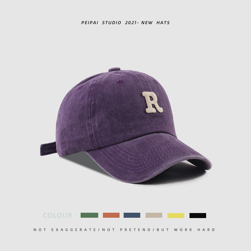 Washed Letter R Stick Ball Cap Casual Patch Sun Hat