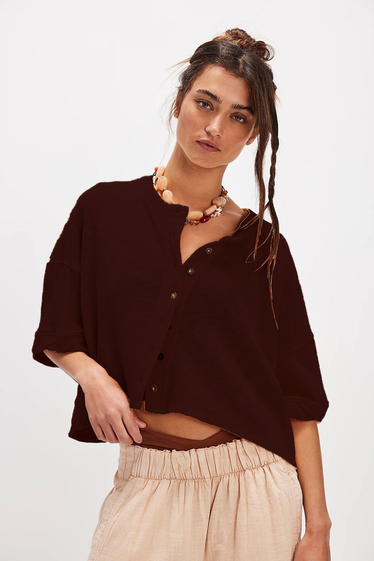 Linen Cardigan Button-up Top Three-quarter Sleeves Solid Color Womens Clothing