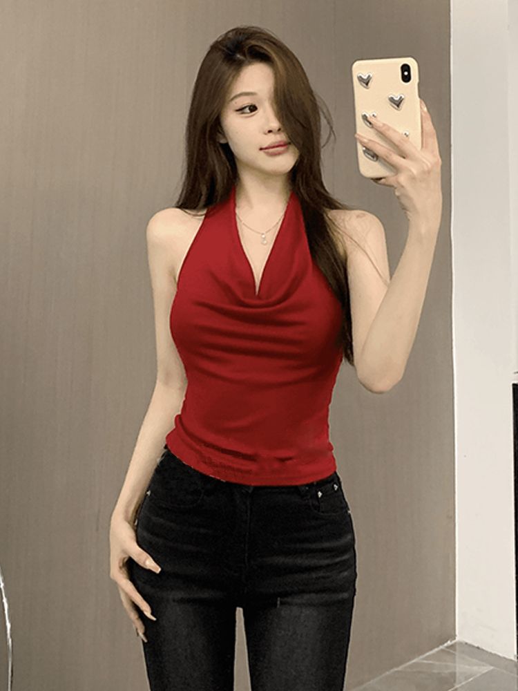 Red Backless Slash-Neck Sleeveless Tank Top Women's Summer