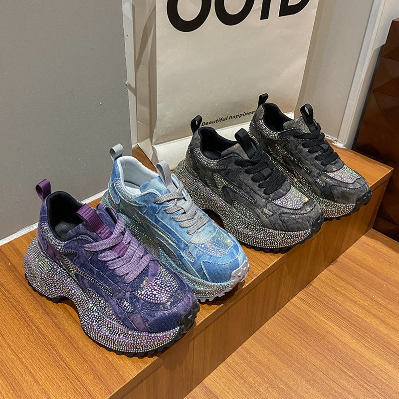 Glitter Diamond Purple Platform Sneakers Women Luxury Suede Casual Running Shoes Fashion Bling Cushion Dad Shoes