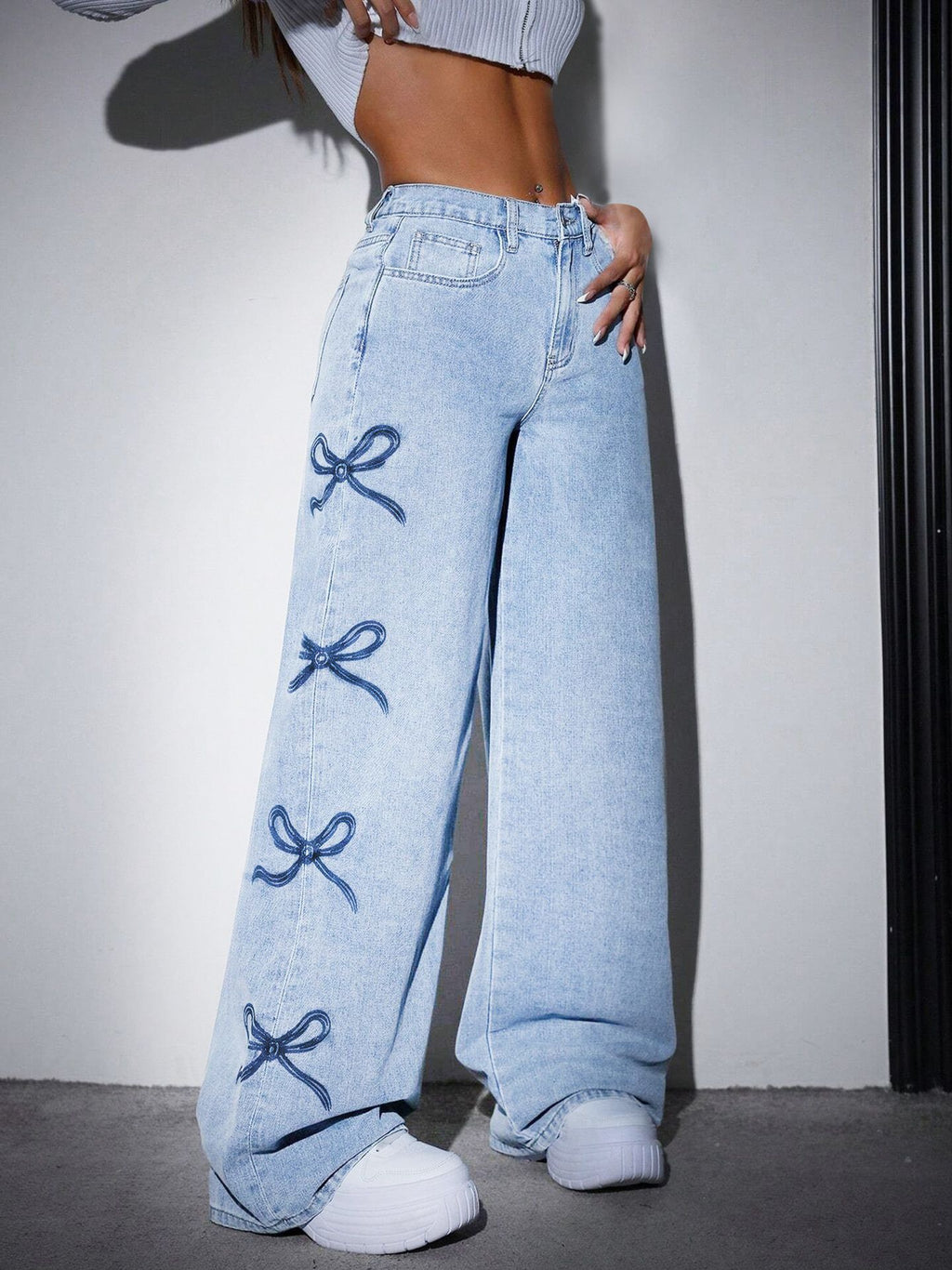 Printed Straight-leg Wide-leg Jeans