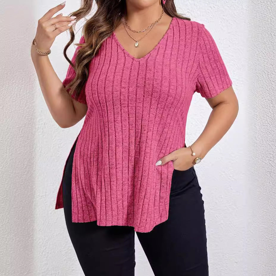 V-neck Split Sunken Stripe Brushed Women's Short Sleeve