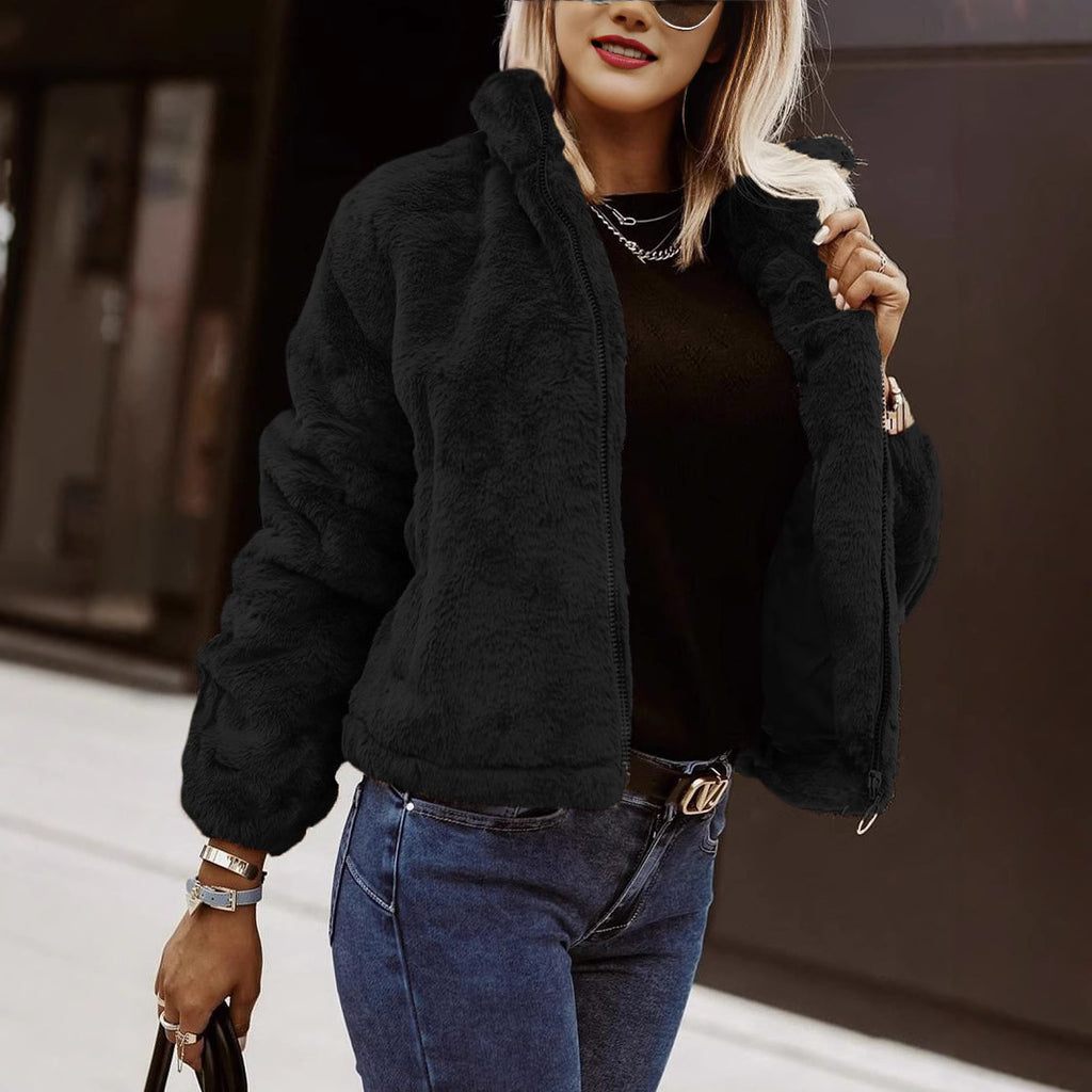 Summer Rabbit Fur Faux Leather Zipper Cardigan Plush Warm Coat