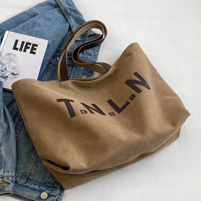 Letter Printed Totes Fashion Large Capacity Canvas Bags For Women All-match Handbag Commuting Shoulder Bag For College Students