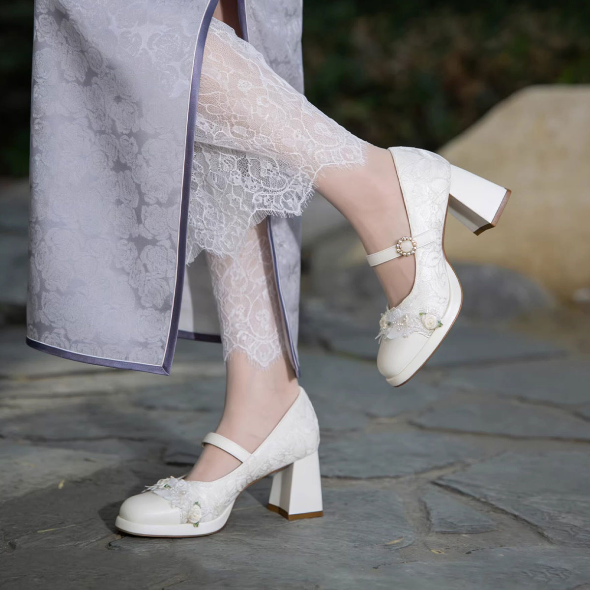 Mie Bai Lace Mary Jane Platform High Heels - Retro Soft Style Bridal Shoes - Versatile White High Heels
