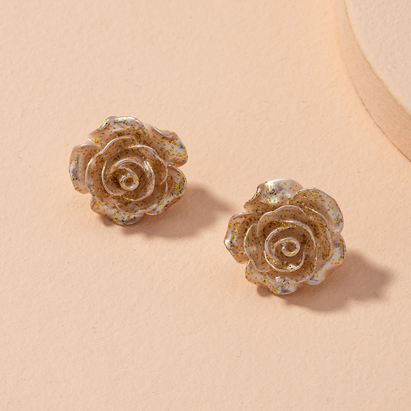 Transparent Resin Gold-foil Roses Stud Earrings