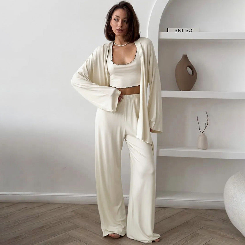 New European And American-style Knitted Milk-silk Ruffled-edge Pajama Set 3 Pieces