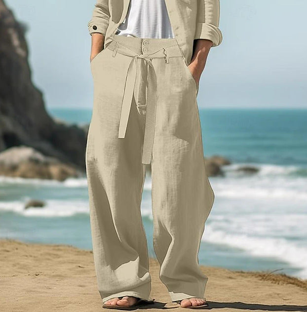 Men's Linen Belt Elastic Waist Straight Pure Color Comfort Breathable Outdoor Pants