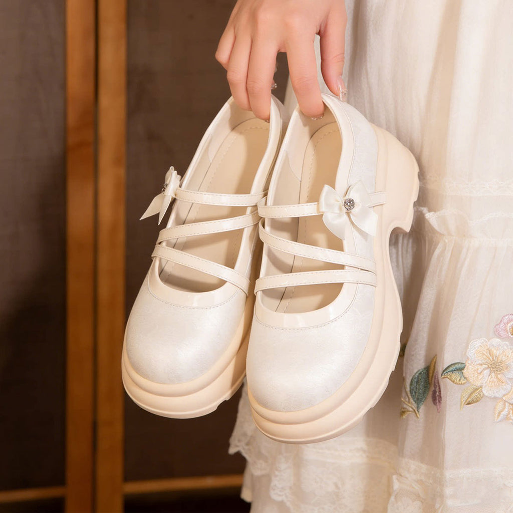 Sweet Bow Platform Mary Jane Shoes, Ivory Chunky Sole Pumps For Daily Wear