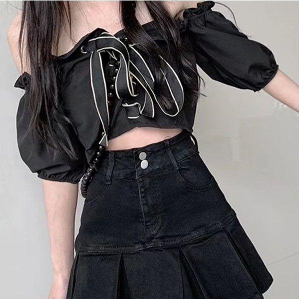 American Hot Girl Pleated Denim Skirt Women's High Waist Slimming