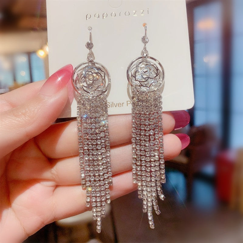 Sterling Silver Needle Light Luxury Tassel Earrings Banquet Style High-grade Long Earrings