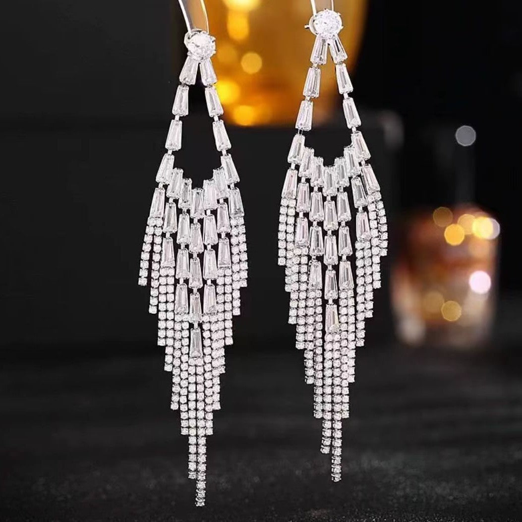 Sterling Silver Needle Light Luxury Tassel Earrings Banquet Style High-grade Long Earrings
