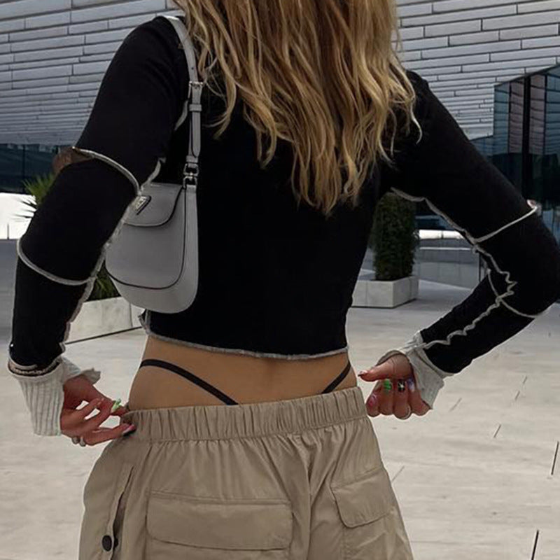 Contrast Stitching Double Zipper Long Sleeve Coat