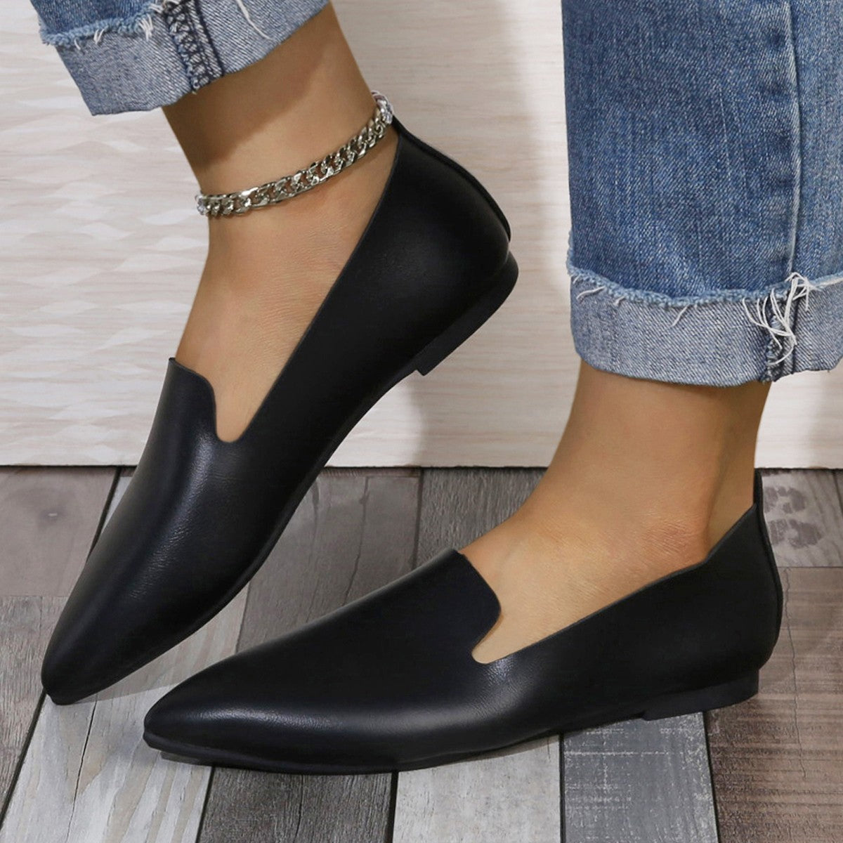 Leather Flat Bottom Pumps Female Low-cut Plus Size