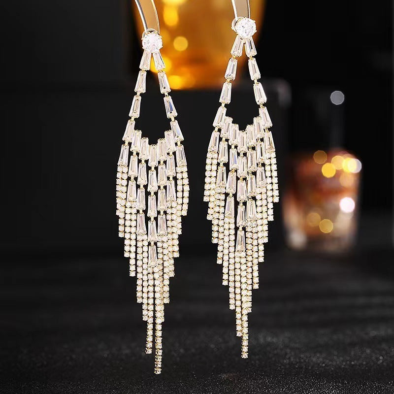 Sterling Silver Needle Light Luxury Tassel Earrings Banquet Style High-grade Long Earrings
