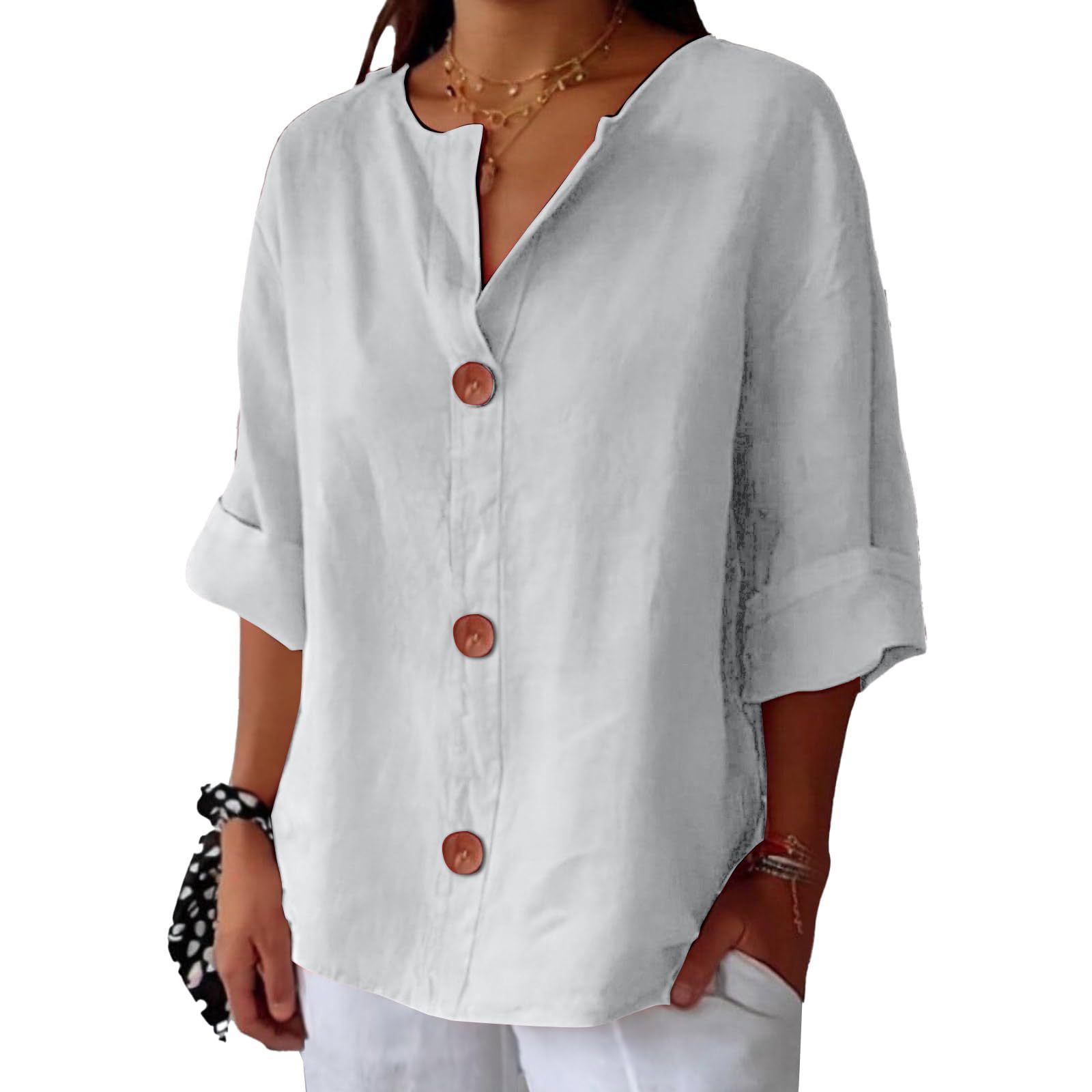 Women's V-neck cotton and linen buttoned blouse