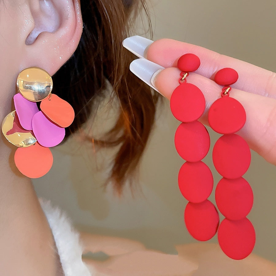 Silver Needle Oval Spray Paint Tassel Earrings Trendy Fashion