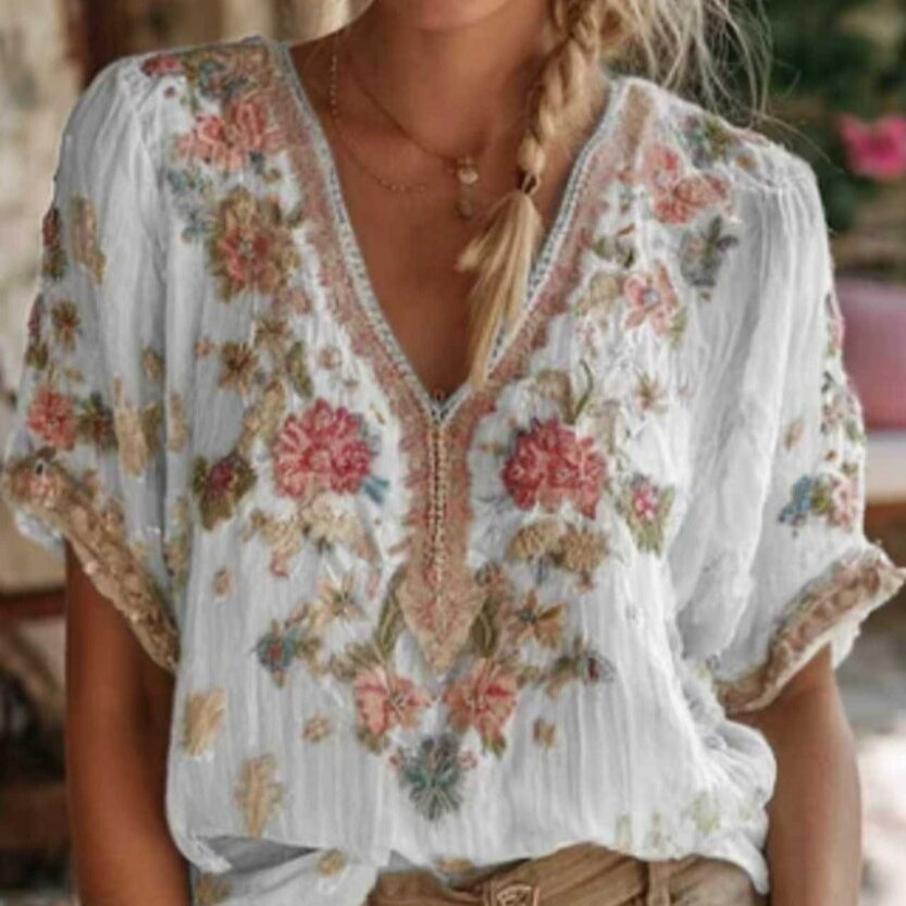 V-neck Elegant Artistic Retro-Style Short-Sleeve Womens Top