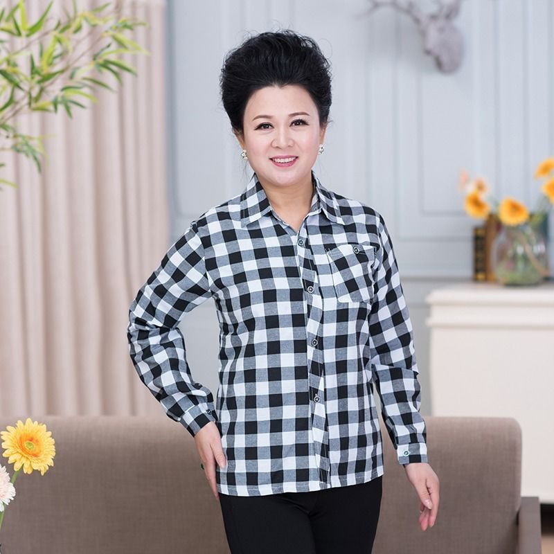 Middle-aged And Elderly Women's Loose Long-sleeved Slim-fit Plaid Shirt
