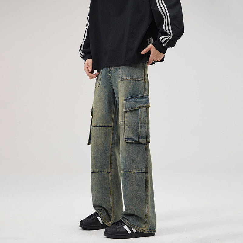 Mens American-style High-street Vintage Multi-pocket Jeans