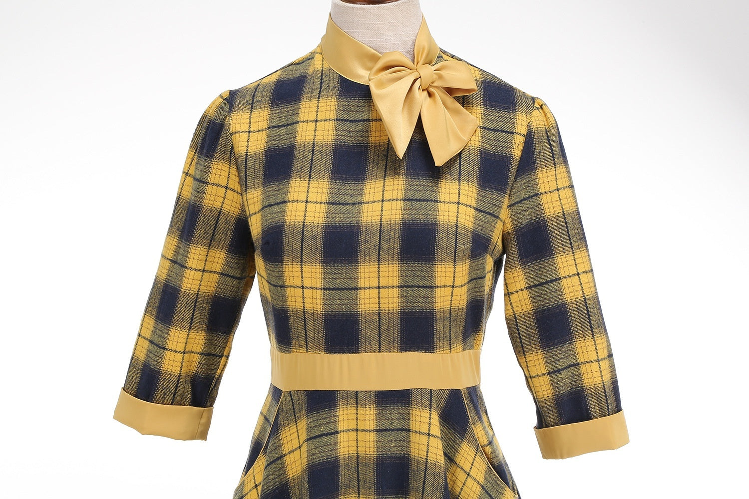 Halloween Plaid Turtleneck Bow High Waist Big Swing Dress