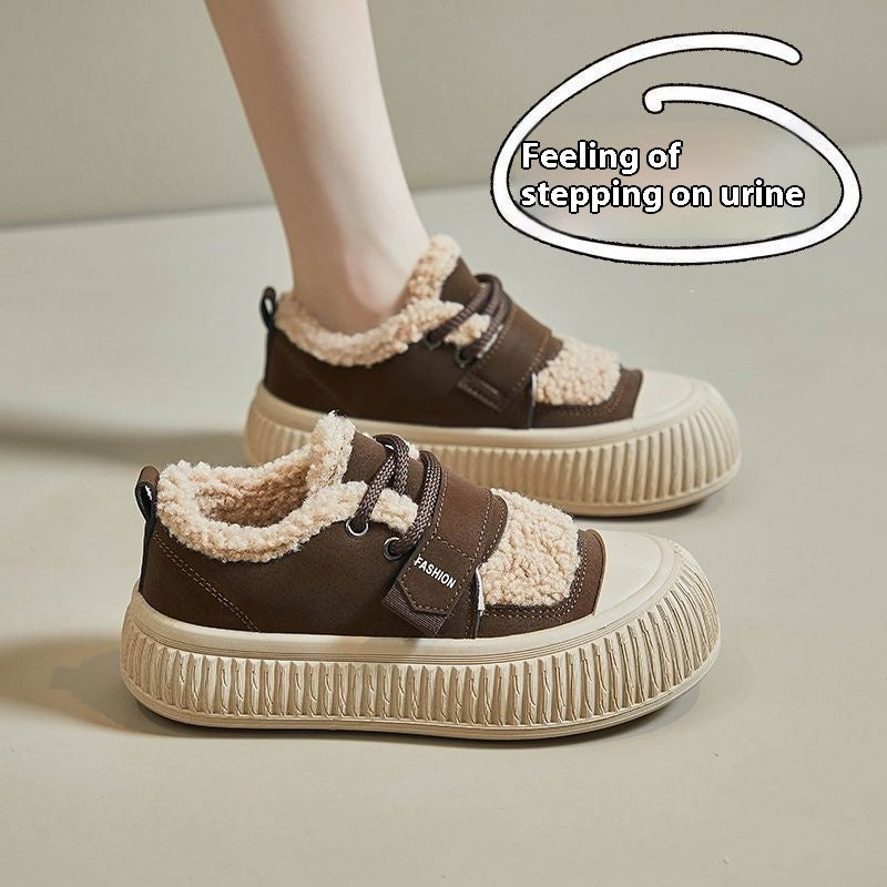 Fleece-lined Sneakers Women's Thick Bottom Non-slip Warm Cotton Shoes
