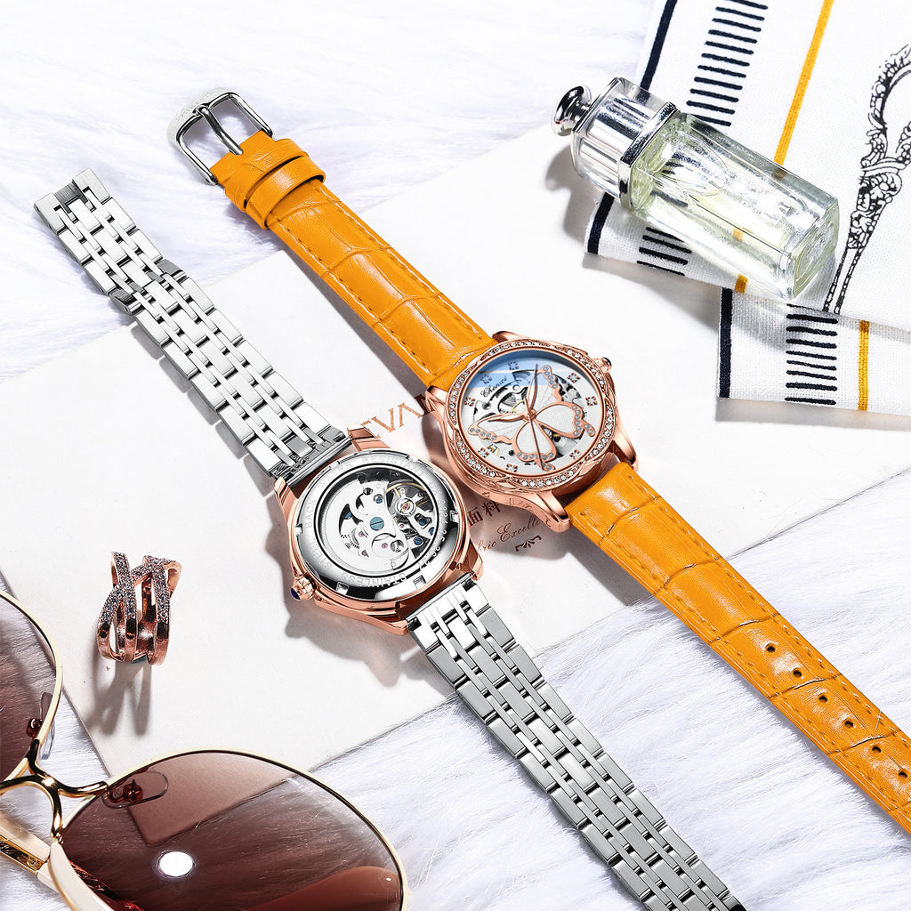Butterfly Dial Fashion Diamond-embedded Watch Women's Waterproof Automatic Mechanical Watch