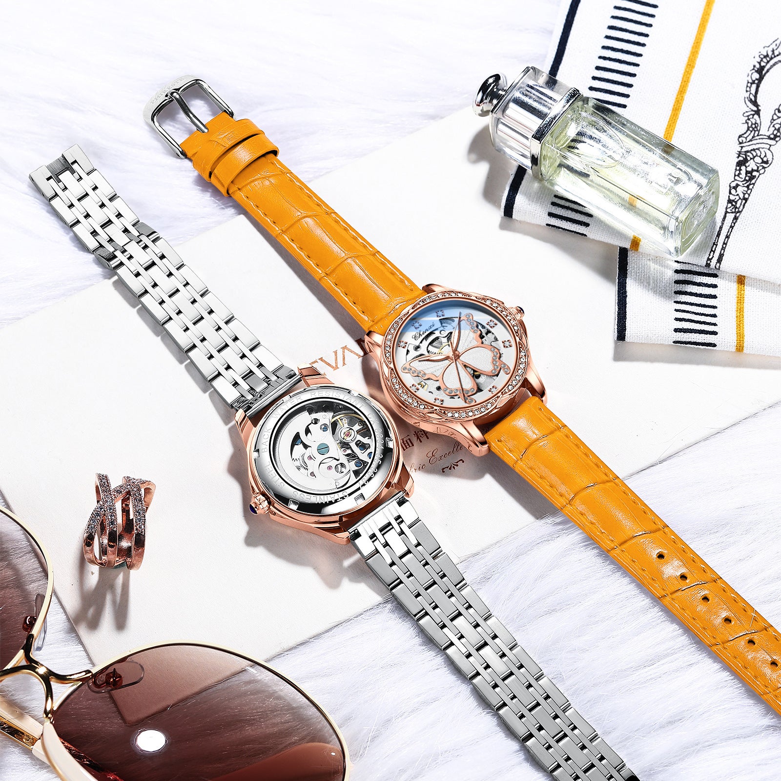 Butterfly Dial Fashion Diamond-embedded Watch Women's Waterproof Automatic Mechanical Watch