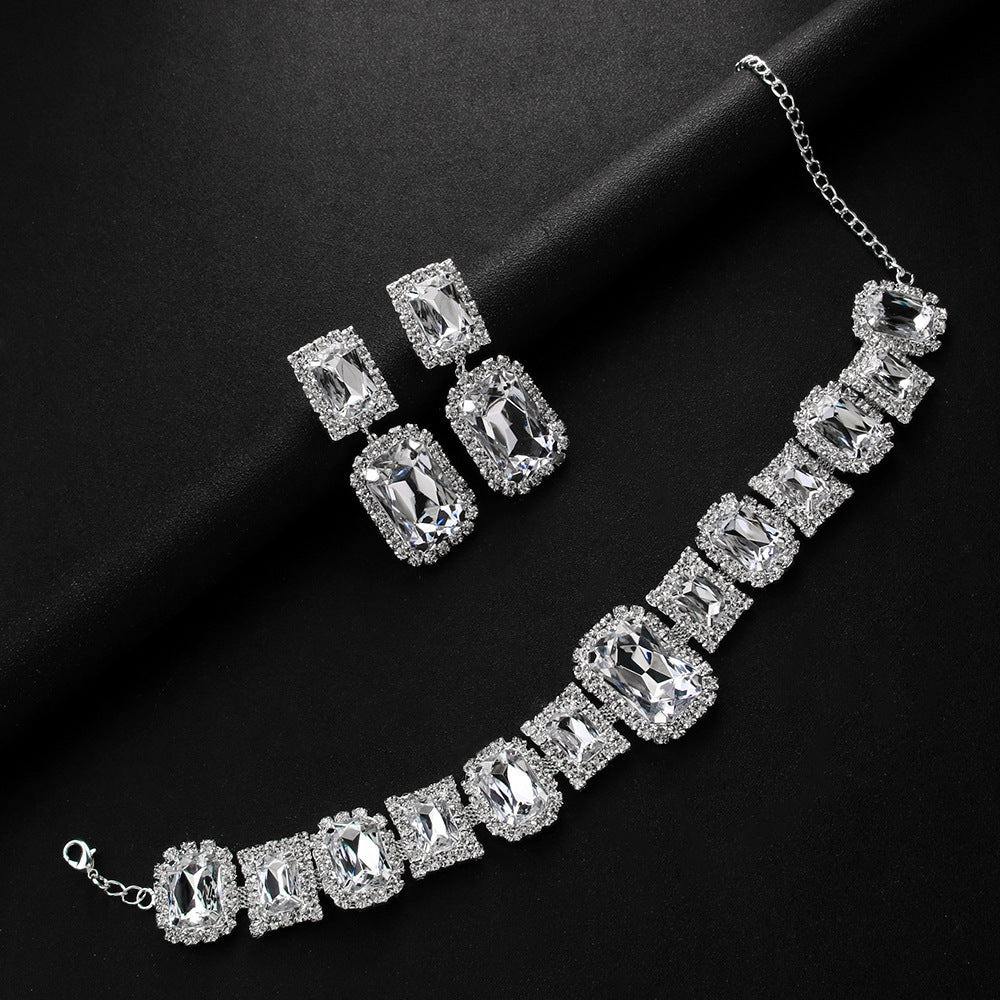Light Luxury Geometric Crystal Necklace Suit Square Exaggerated Earrings Jewelry Set Decorations