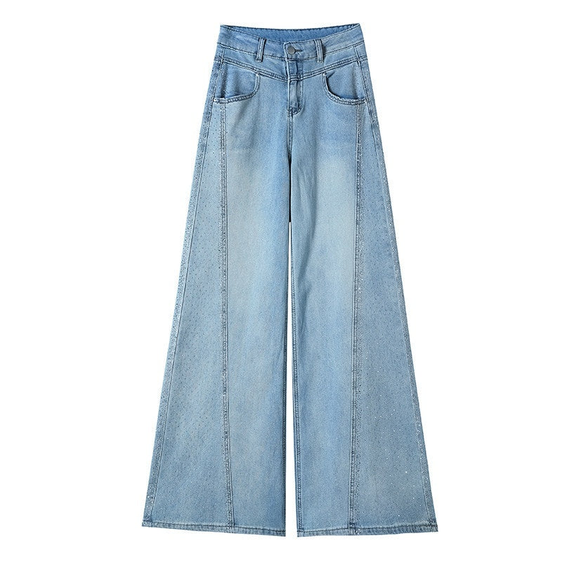 Hot-stone Embellished Wide-leg Flared Denim Jeans For Women Loose Fit In Washed Blue