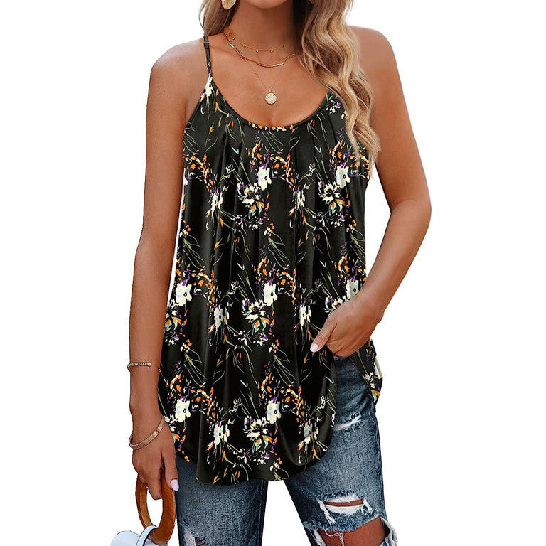 Women's Casual Summer Pleated Round Neck Keyhole Loose Top