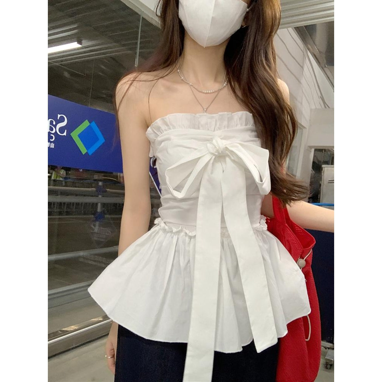 Sweet And Spicy Style Lotus Leaf Hemline Lace-up Bow-Cinched Tube Top