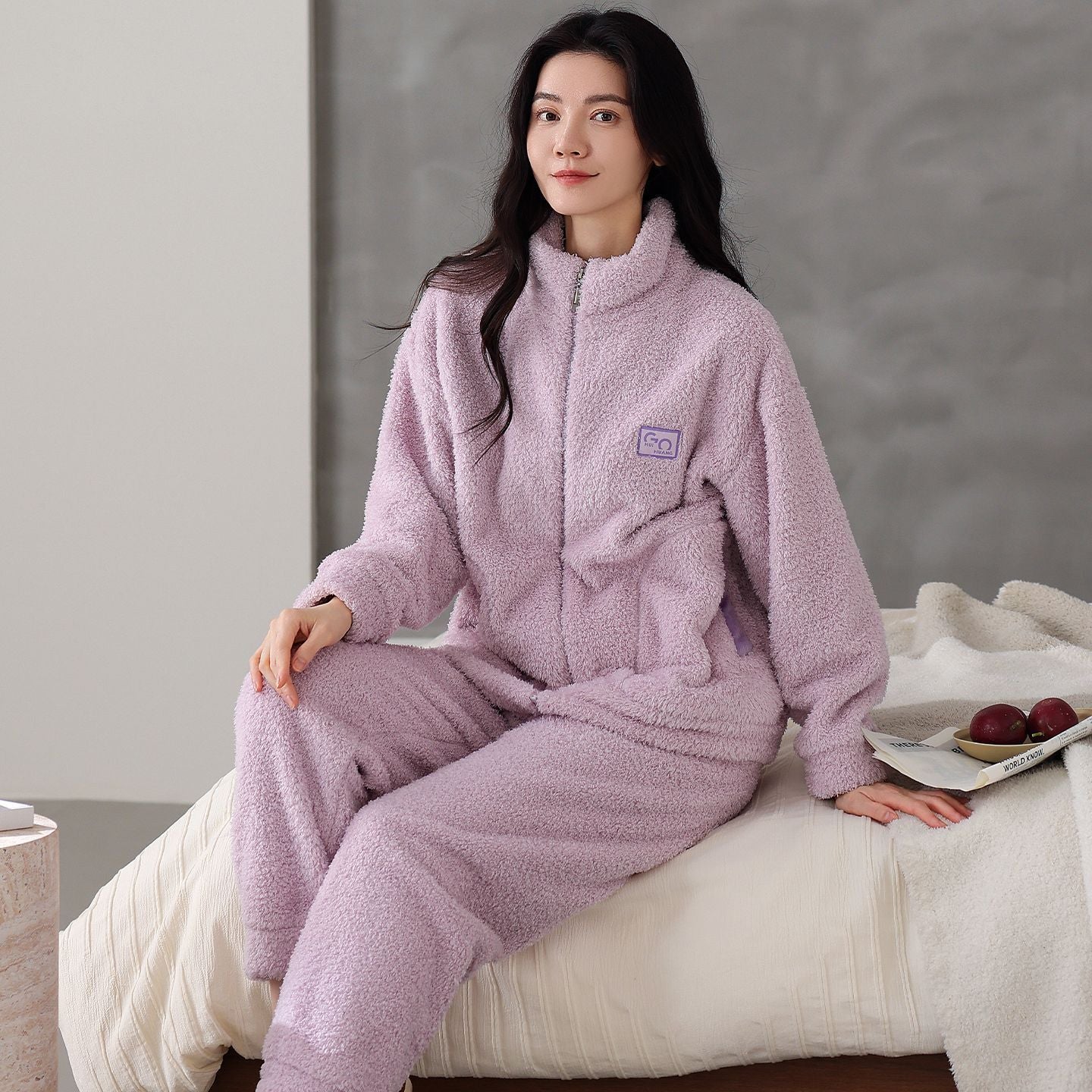 Long Sleeve Half Velvet Warm Padded Zipper Couple Pajamas