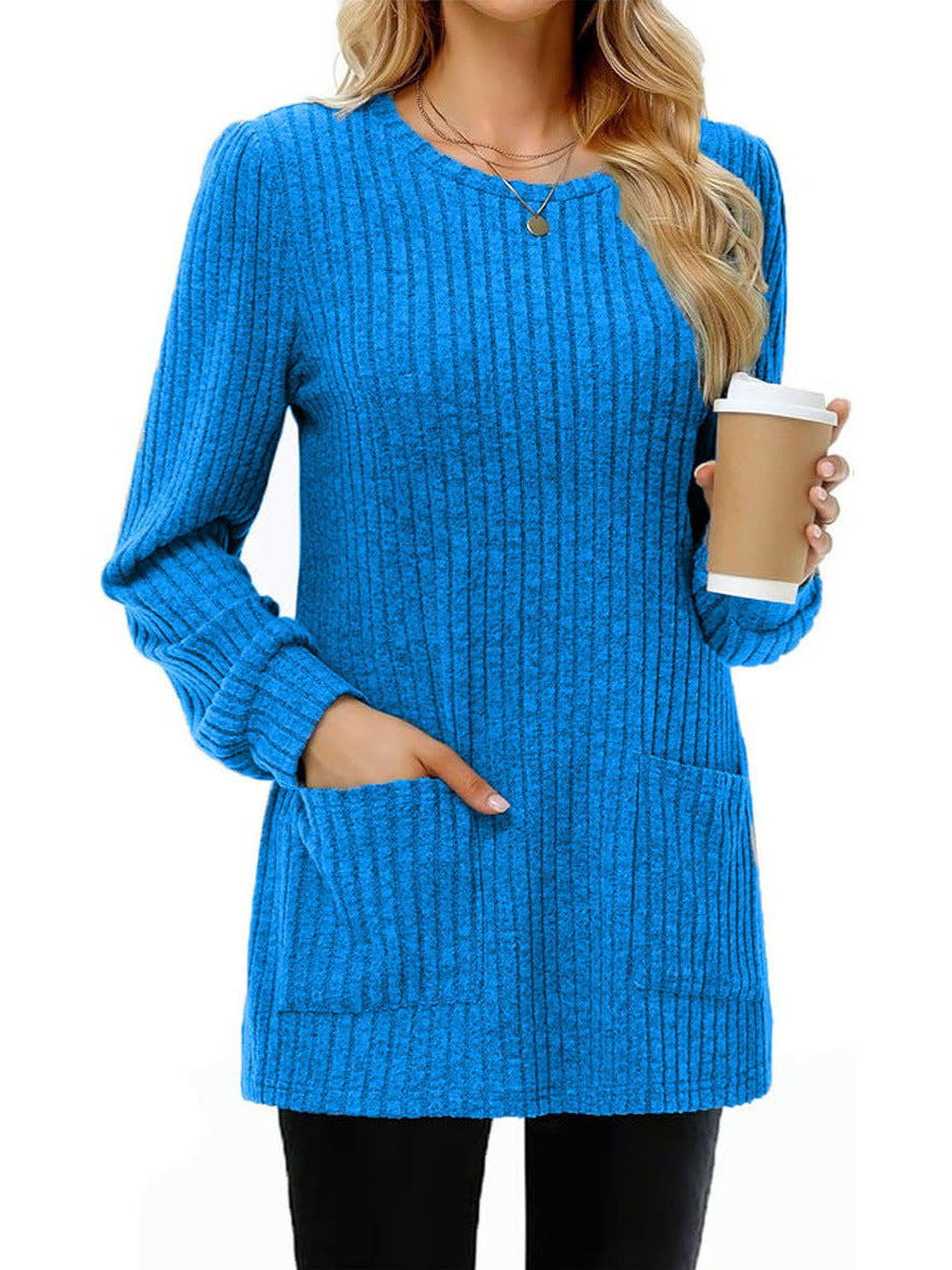 Mid-length Sweater Round Neck Sunken Stripe Solid Color Pocket Top