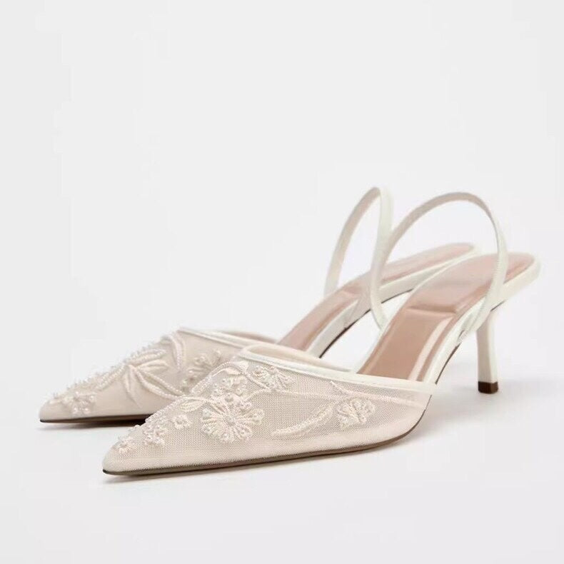 Spring New Product  Women's Rear Strap Embroidered Mesh High Heels