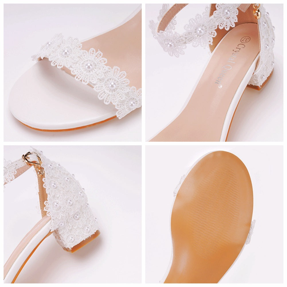 Shallow Mouth With Beads Square Heel Sandals