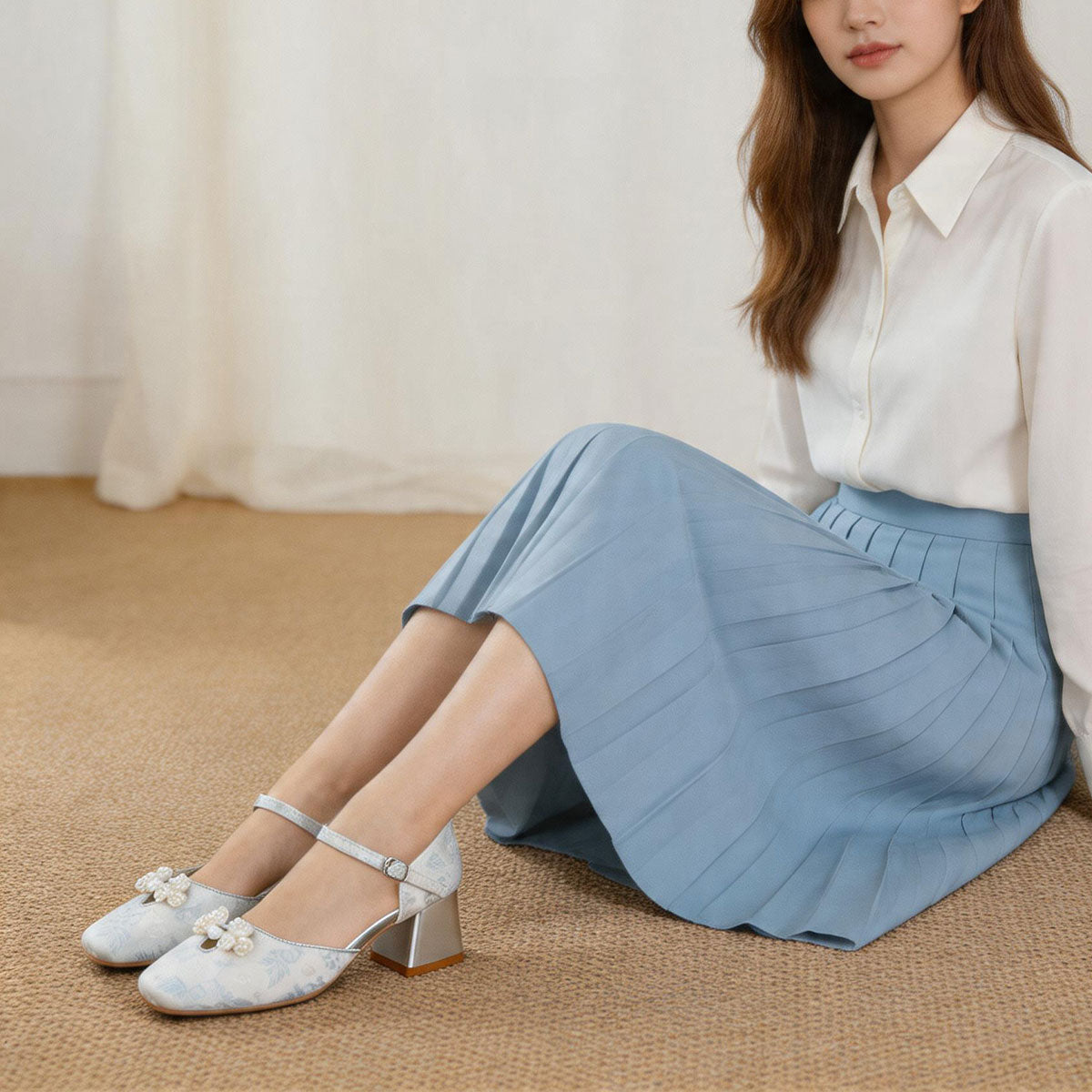 Light Blue Jacquard One-piece Platform High-heeled Women's Shoes. Oriental Beauty Pearl Buttoned Square-toe Hollow High-heeled Shoes. Elegant Versatile Single Shoes. Elegant Formal And Casual Shoes Fo