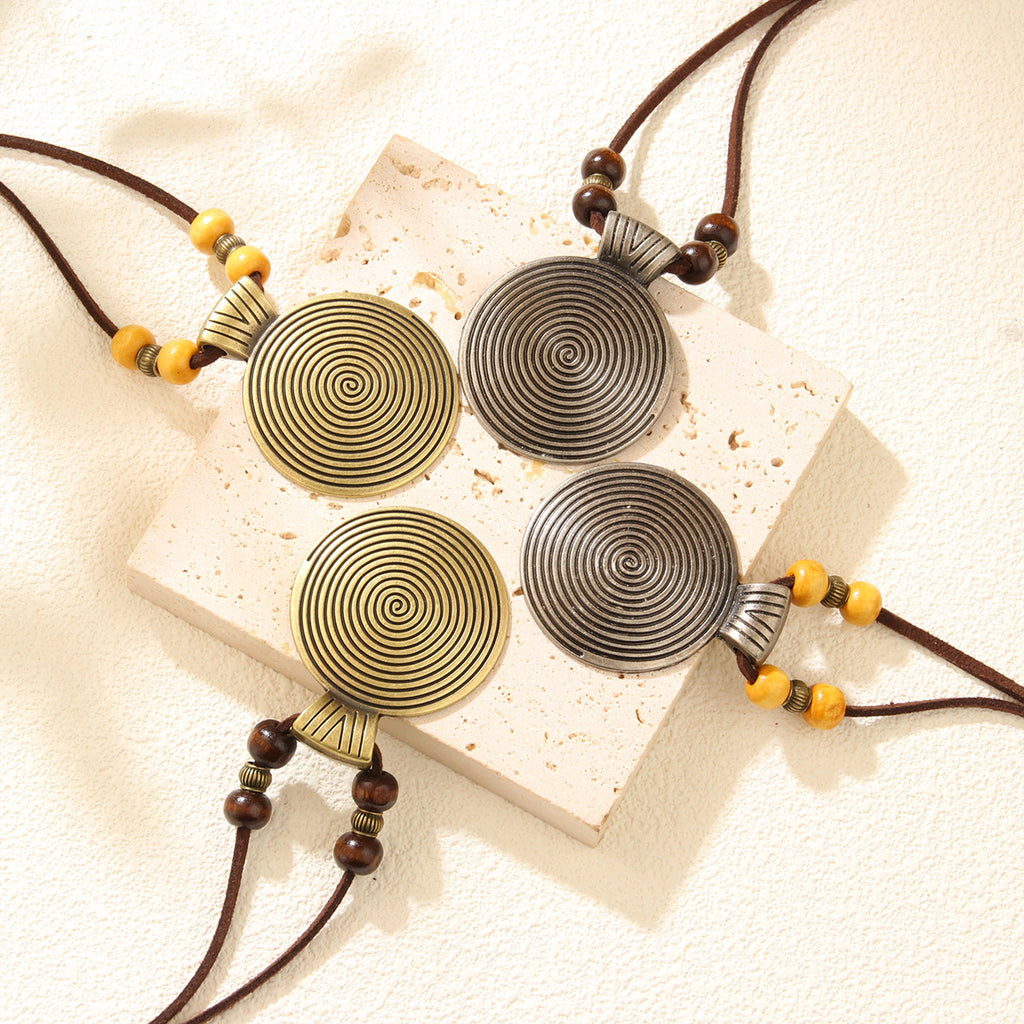 Cowhide String Ethnic Pendant Leather Ornament Fingerprint Alloy Sweater Chain