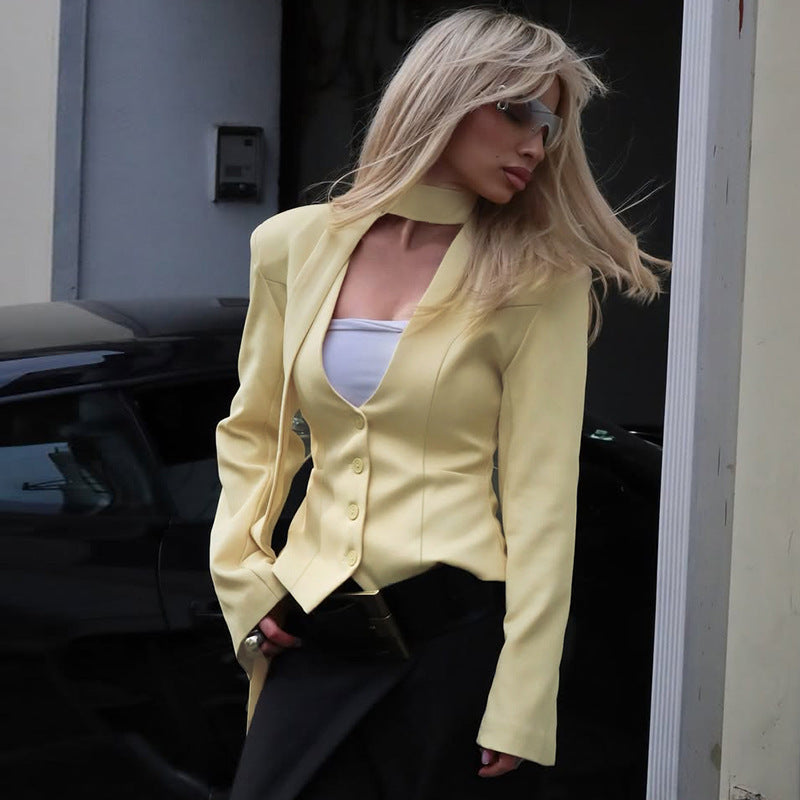 Elegant Cardigan Button Small Suit Slim Solid Color Coat