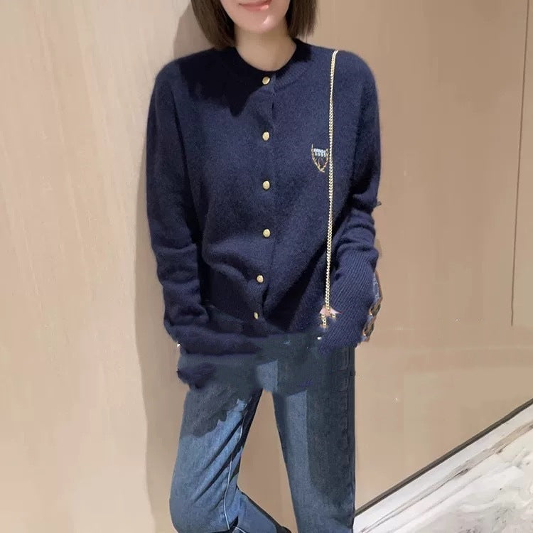 Raccoon Fur Yarn Embroidered Badge Sweater Coat