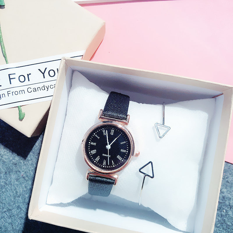 Simple small dial belt quartz watch + triangle bracelet