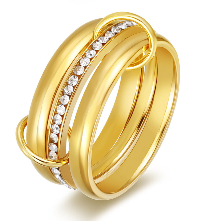 Copper And Zircon Multi-layer Twin 18K Gold Strap Rhinestone Ring